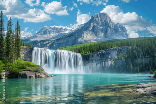 The majestic typical Canadian waterfall in the original photo  beautiful mountain in the background