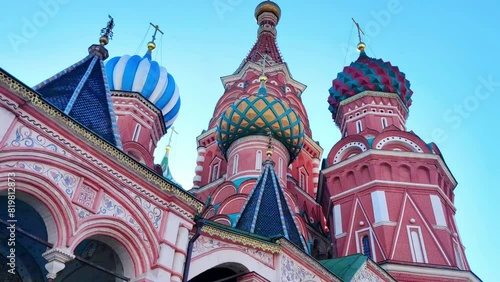 Beautiful colorful footage of Saint Basil's cathedral in Moscow in summer.