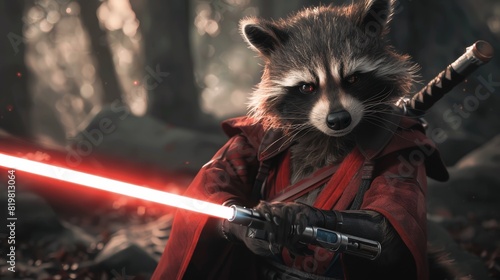 Samurai Raccoon with lightsabers, ready for cosmic adventures