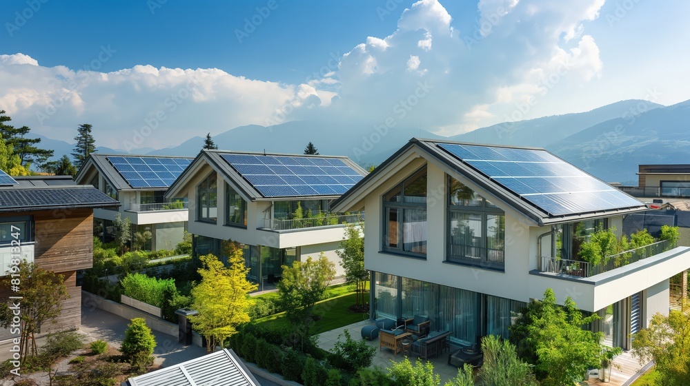 A residential area with homes equipped with transparent solar glass windows, generating clean energy while maintaining modern aesthetics. A residential area with homes equipped with transparent solar glass windows, generating clean energy while maintaining modern aesthetics.