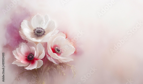 Kartka z kwiatami, jasne białe i różowe anemony. Puste miejsce na tekst, życzenia