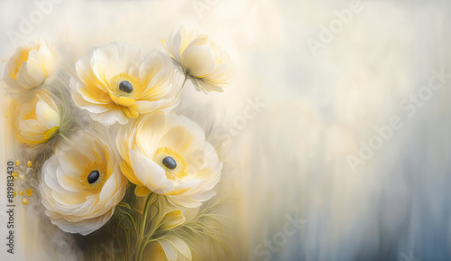 Ilustracja, dekoracyjne akrylowe żółte kwiaty zawilce. Puste miejsce na tekst, życzenia