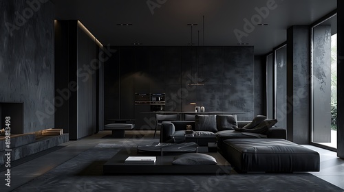 minimalist living room with an all-black theme