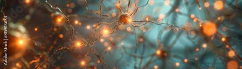 Synaptic transmission close-up, neurons connecting with glowing synapses, electric pulses traveling through, rendered in high-detail 3D with a focus on neuroscience research