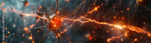 Synaptic transmission close-up, neurons connecting with glowing synapses, electric pulses traveling through, rendered in high-detail 3D with a focus on neuroscience research