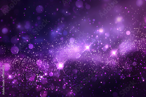 Blurry stars in the night sky. Purple glitter, firefly sparkles, stars and bokeh on black background. Light glow effect abstract illustration.