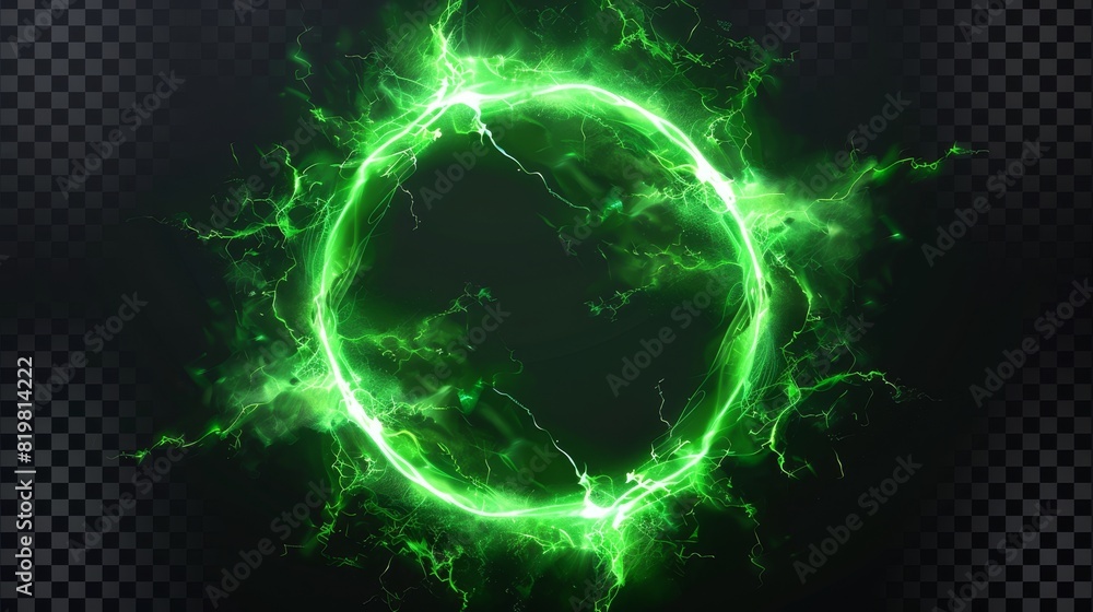 Isolated on a transparent layer overlay or black background, glowing electric green lightning with plasma portal Isolated on a transparent layer overlay or black background, glowing electric green lightning with plasma portal