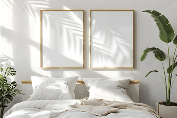 Modern white bedroom with two vertical picture frames for wall art mockup..Bed with white sheets and pillows. Minimalist interior design.