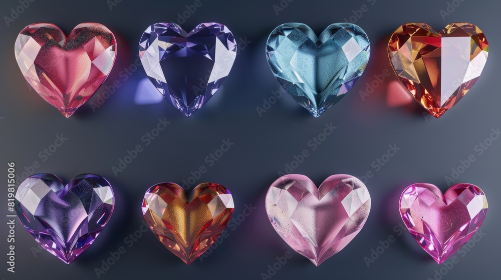 Set of hearts and gems isolated on a 3D background Set of hearts and gems isolated on a 3D background