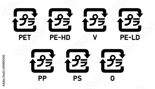 Japanese plastic recycling codes 1-7. Set of  Japanese plastic recycling code symbol icons PET, PE-HD, V, PE-LD, PP, PS, O. Japan plastic recycle mark icon set 01-07 isolated on white background.