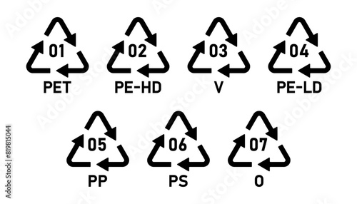 Plastic recycling codes 1-7. Set of plastic recycling code symbol icons PET, PE-HD, V, PE-LD, PP, PS, O. Plastic recycling code icon set 01-07 isolated on white background- Vector Illustration.