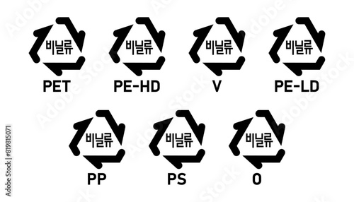 South Korean plastic recycling code icon set 01-07. Set of Korean plastic recycling code symbol icons PET, PE-HD, V, PE-LD, PP, PS, O. South Korean plastic recycle marks 1-7 vector illustration.