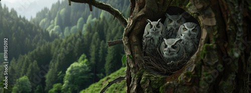 a family of owls in their nest made in the top hollow of a tree with dark forest in background, beautiful view, green mountains, Arnold rendering photo