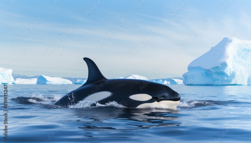 Fototapeta premium Groups of Orcas or killer whales swim and hunt for prey, the top of the food chain in a sea of ​​ice floes