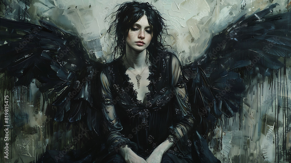 A beautiful angel with black wings, a black dress, and long black hair. Ethereal, mysterious, and captivating, she embodies both darkness and grace A beautiful angel with black wings, a black dress, and long black hair. Ethereal, mysterious, and captivating, she embodies both darkness and grace