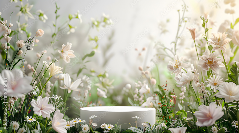 Podium flower product white 3d spring table beauty stand display nature white. Garden floral background cosmetic field scene gift day, luxury lifestyle product display stage,sleek pedestal, abstract Podium flower product white 3d spring table beauty stand display nature white. Garden floral background cosmetic field scene gift day, luxury lifestyle product display stage,sleek pedestal, abstract