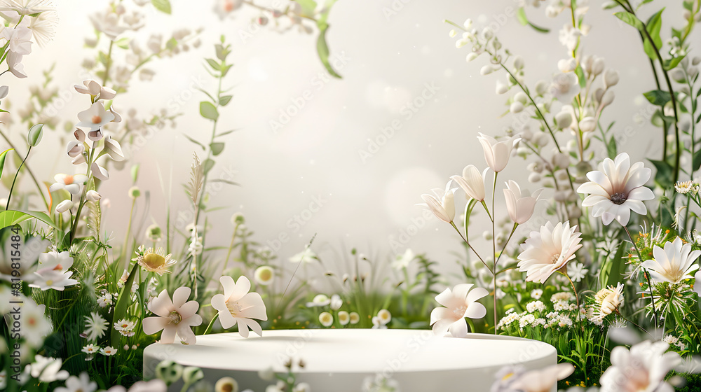 Podium flower product white 3d spring table beauty stand display nature white. Garden floral background cosmetic field scene gift day, luxury lifestyle product display stage,sleek pedestal, abstract Podium flower product white 3d spring table beauty stand display nature white. Garden floral background cosmetic field scene gift day, luxury lifestyle product display stage,sleek pedestal, abstract