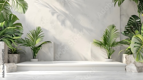 Minimalist Contemporary White Podium Stage Rack front view focus Green Stone Tropical Leaves Background, perfect, luxury lifestyle product display stage,sleek pedestal, abstract, stand, scene