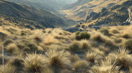A rugged, mountainous grassland, showing hardy grass varieties that thrive in high altitudes, with a focus on the tough, wind-swept textures. 