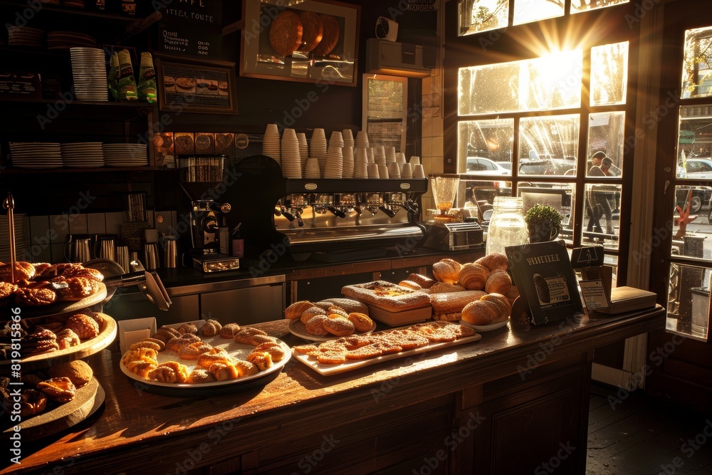 Morning Coffee Shop Ambiance with Pastries and Sunlight Streaming Through Windows for Cafe Decor or Social Media Morning Coffee Shop Ambiance with Pastries and Sunlight Streaming Through Windows for Cafe Decor or Social Media