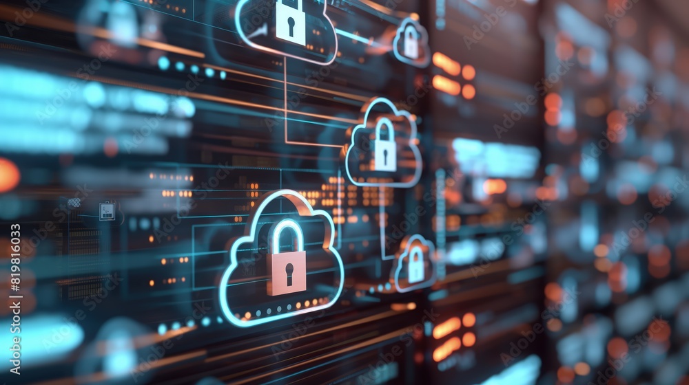 A secure cloud storage facility with virtual servers and data encrypted, represented by 3D icons of locks and digital streams. A secure cloud storage facility with virtual servers and data encrypted, represented by 3D icons of locks and digital streams.