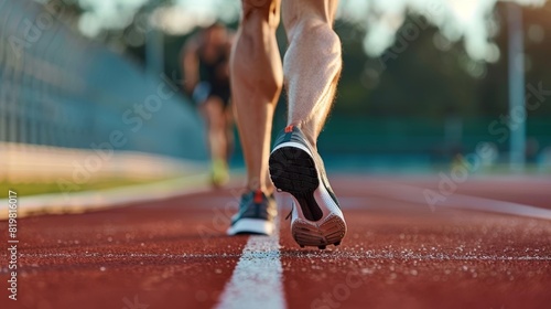 Runner stopping midtrack due to calf cramp, focus on the strained muscle, athletic challenge, close up, on a running track, dynamic, manipulation, race backdrop