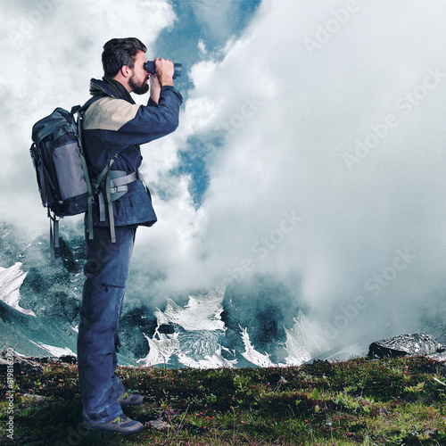 Man, hiking and binoculars in outdoor mountain, search and travel in winter for sightseeing on path. Male person, watch and trekking journey on holiday for challenge, adventure and gear for discovery