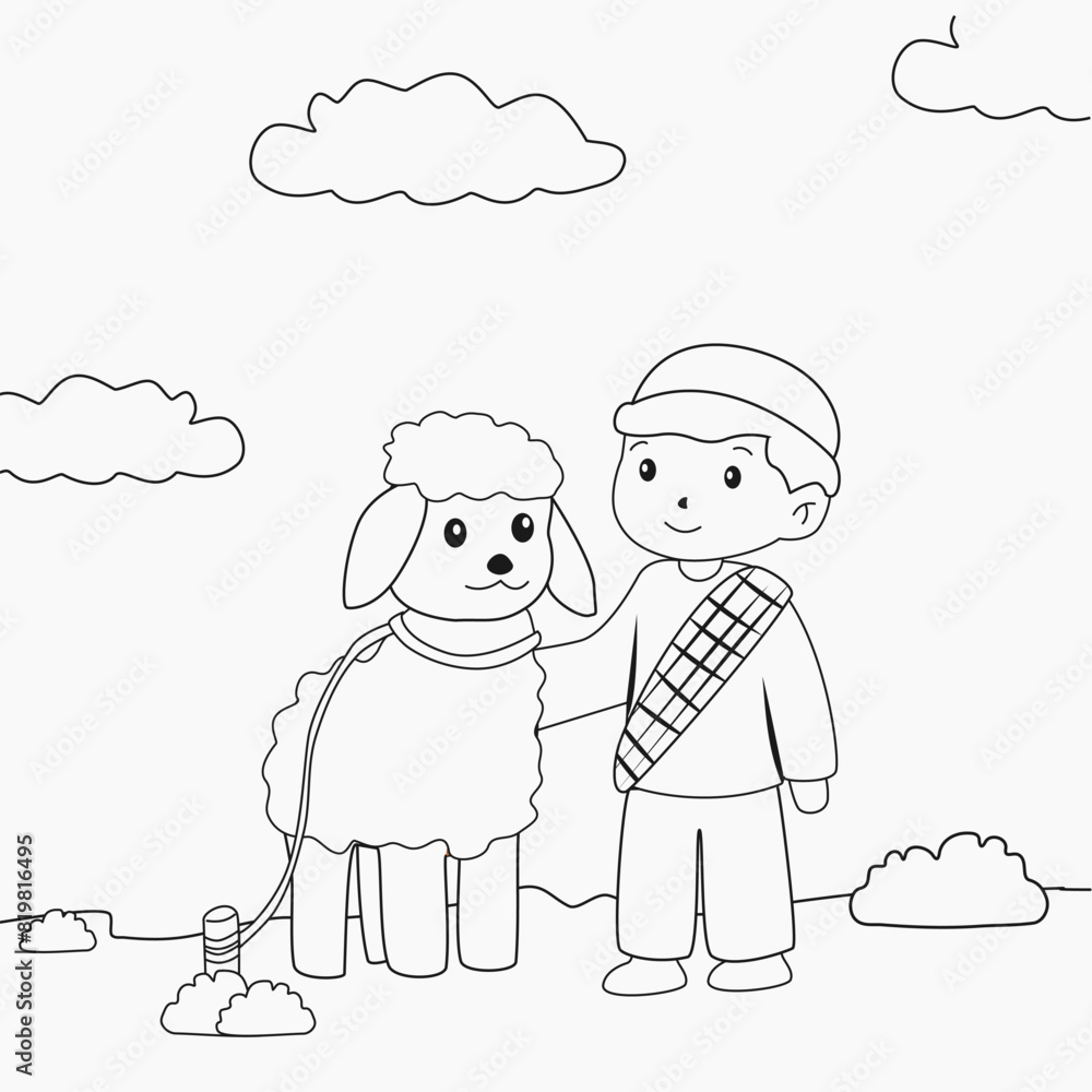 boy muslim character with sheep cartoon coloring page for kids boy muslim character with sheep cartoon coloring page for kids