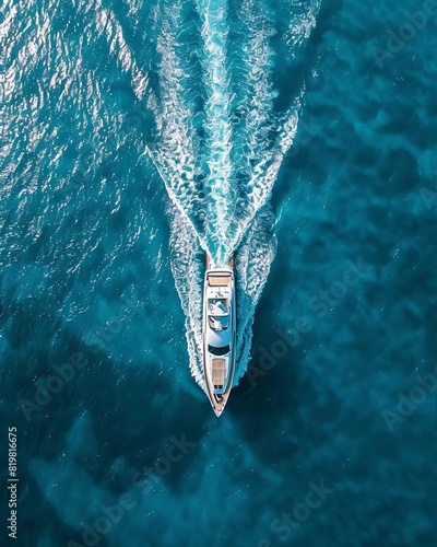 A luxury yacht cuts through the crystal-clear waters of the Mediterranean Sea, leaving a trail of foam in its wake.