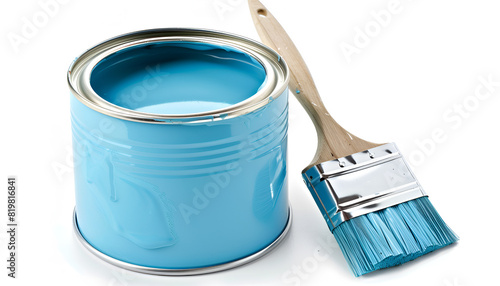 Can of light blue paint and brush isolated on white