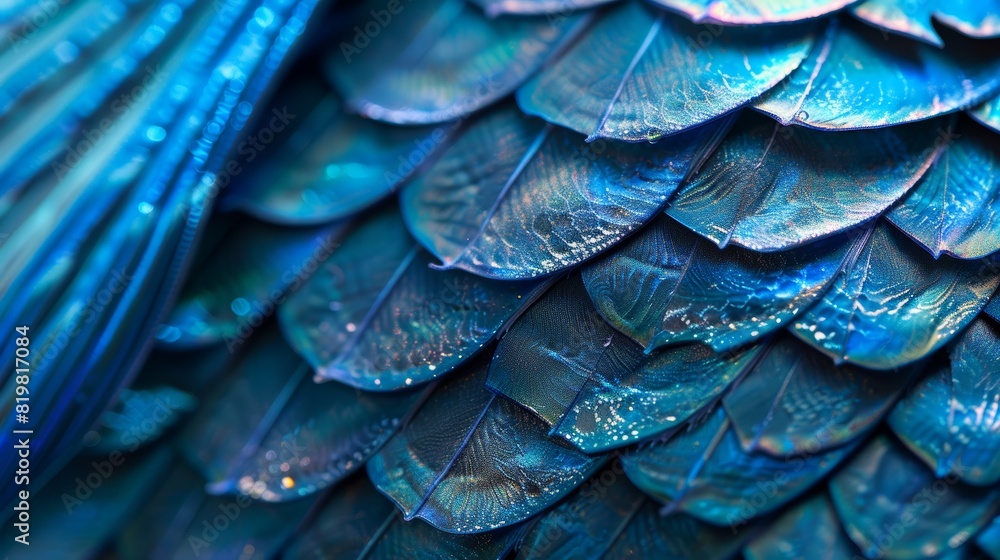 Obraz premium A close-up of overlapping blue fish scales with a metallic sheen.