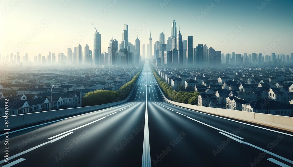 Fototapeta premium Empty Asphalt Road with City Skyline