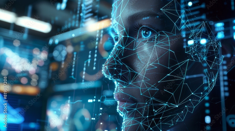 Futuristic Analyst with AI Facial Mapping for Smart Security in High-Tech Environment Futuristic Analyst with AI Facial Mapping for Smart Security in High-Tech Environment
