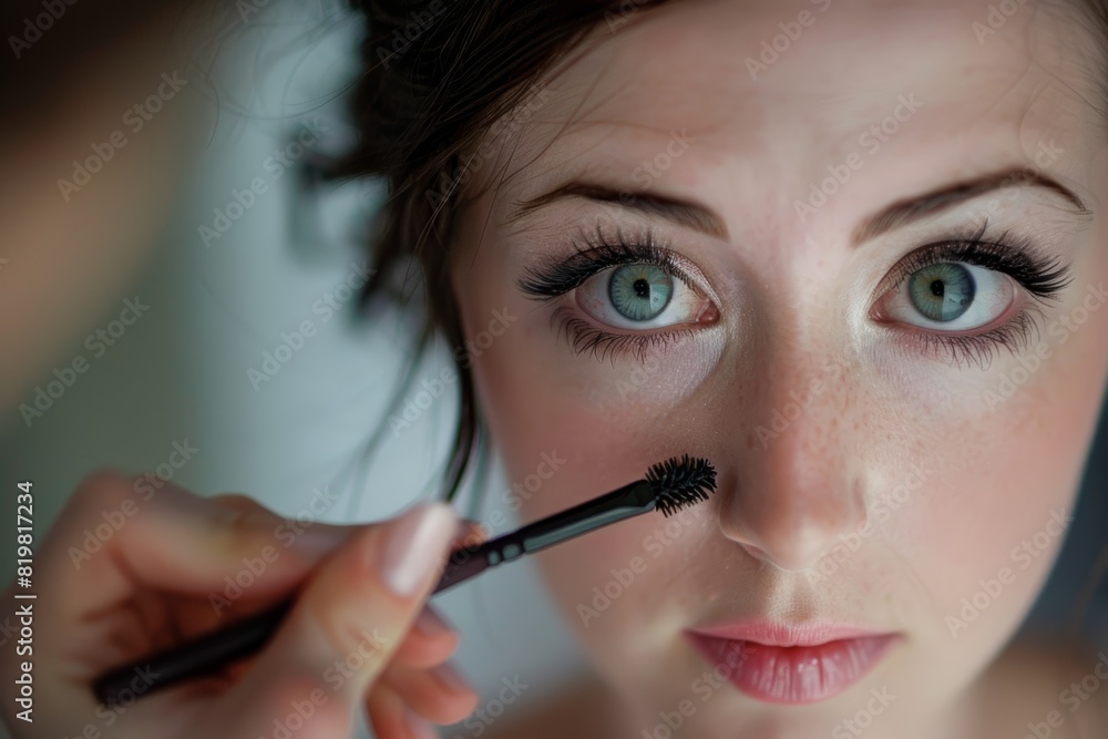 Emotional Bride Applying Mascara Close-Up - Wedding Day Excitement and Beauty Emotional Bride Applying Mascara Close-Up - Wedding Day Excitement and Beauty