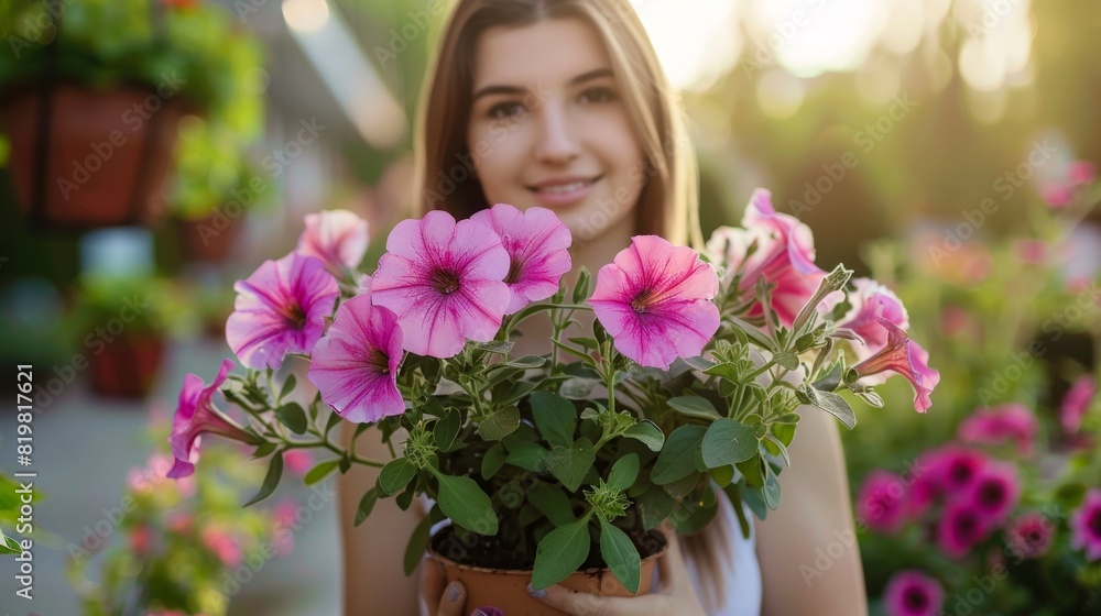 Female gardener holding rectangle planter looking to side smiling. Attractive girl holding potted violet petunias in garden. Female gardener holding rectangle planter looking to side smiling. Attractive girl holding potted violet petunias in garden.