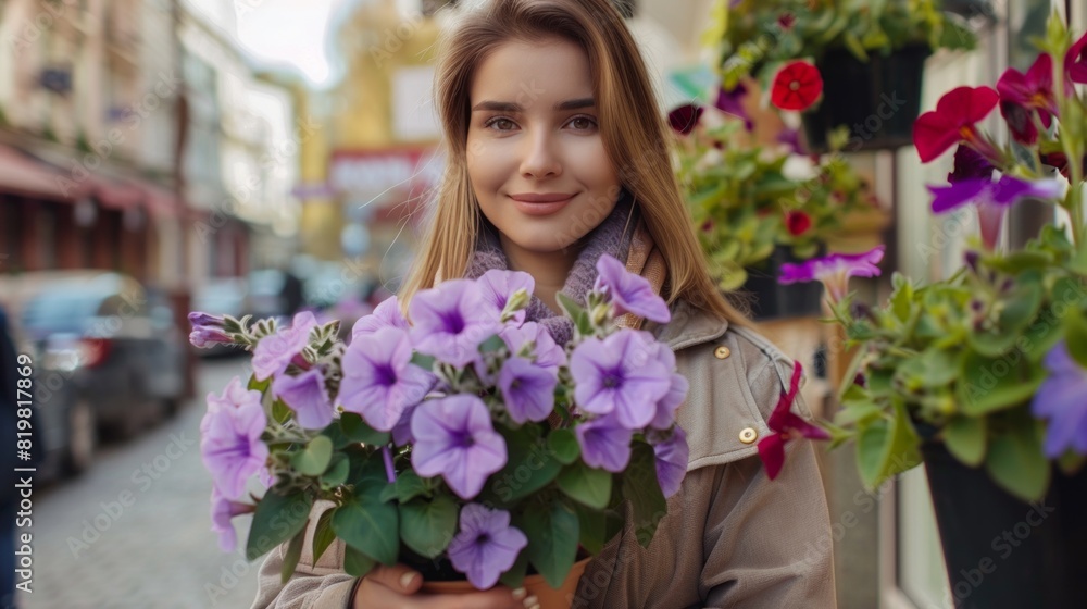 Fototapeta premium Female gardener holding rectangle planter looking to side smiling. Attractive girl holding potted violet petunias in garden.