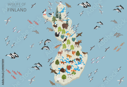 Isometric design of Finland wildlife. Animals, birds and plants constructor elements isolated on white set. Build your own geography infographics collection