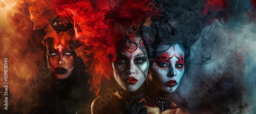 Dramatic Theatrical Makeup Advertisement Mockup Featuring Actors in Bold Costume Design for Posters