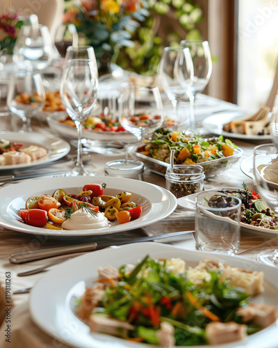 A table set with an assortment of colorful and appetizing dishes, close-up © Sattawat