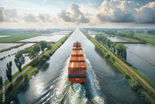 Global Logistics and Trade: Aerial View of Container Ship Navigating Canal under a Cloudy Sky