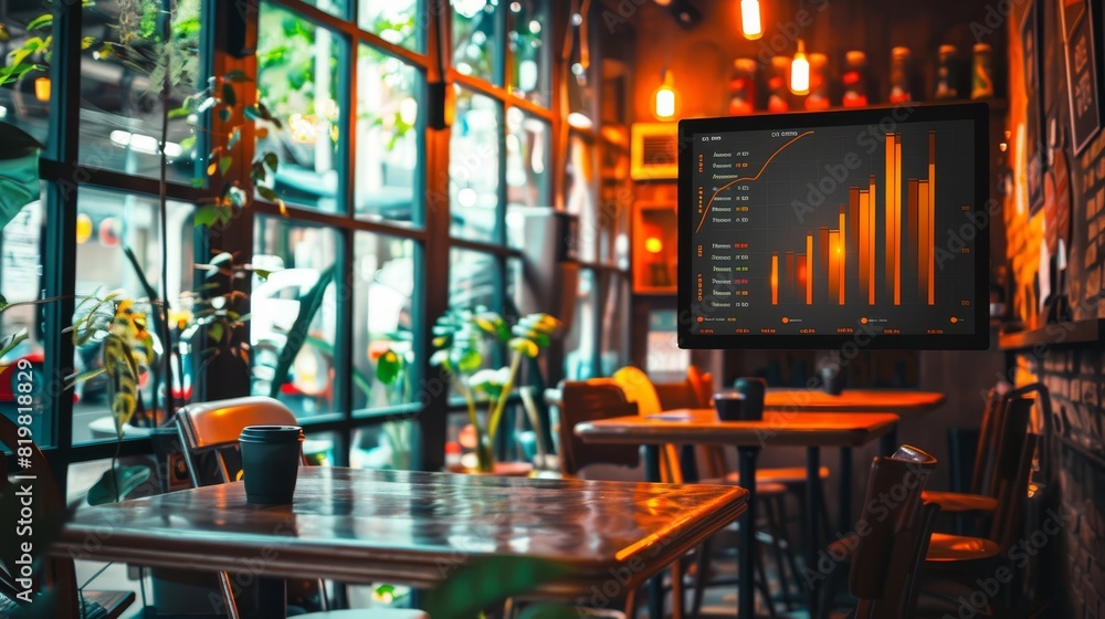 Naklejka premium An image of multiple graphs moving over empty chairs and tables arranged in a cafe