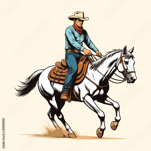 Cowboy Riding Horse Illustration Vintage Engraved Style