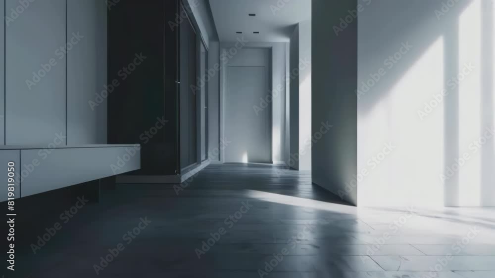 A hallway with a white door and a black bench A hallway with a white door and a black bench