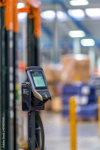 High-Tech Barcode Scanner in Modern Warehouse Setting for Logistics and Inventory Management