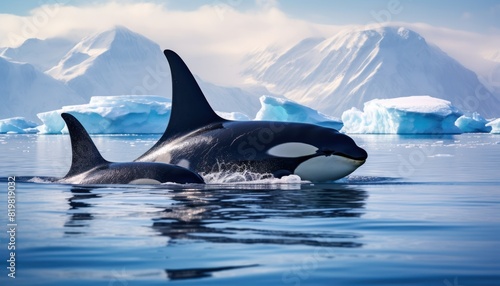 Groups of Orcas or killer whales swim and hunt for prey, the top of the food chain in a sea of ​​ice floes