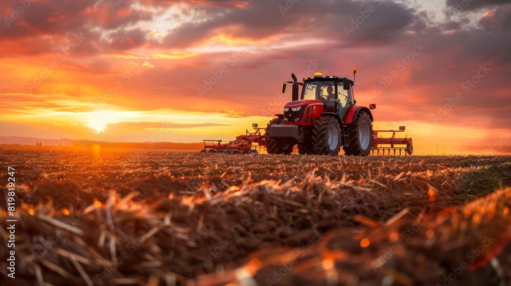 Red Tractor Working in Field at Sunset Red Tractor Working in Field at Sunset