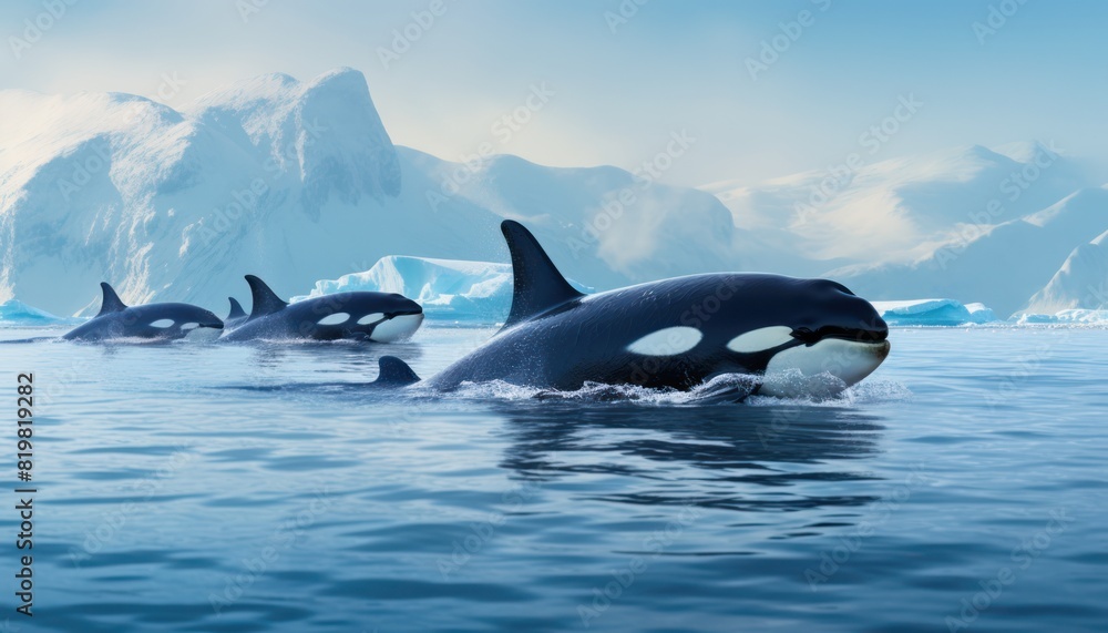 Fototapeta premium Groups of Orcas or killer whales swim and hunt for prey, the top of the food chain in a sea of ​​ice floes