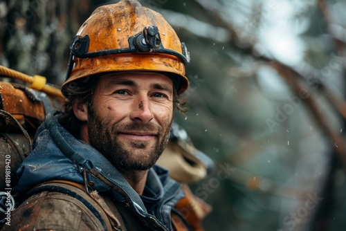 A confident portrait of a worker in a protective helmet, amidst a wooded snowy setting, with an earnest expression