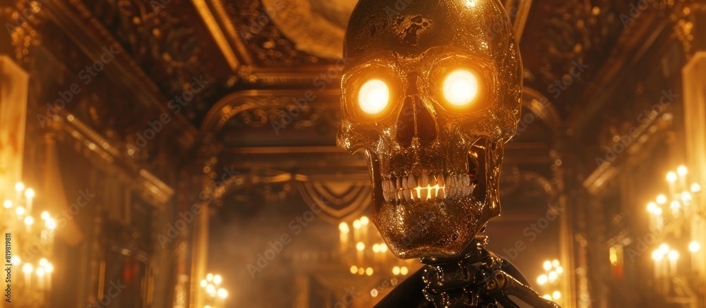 Golden Skeleton Braves Haunted Mansion in Highly Detailed D Rendering