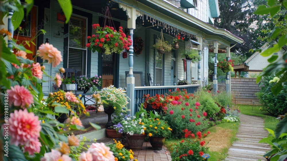 A charming bed and breakfast with a welcoming porch, flower boxes. A charming bed and breakfast with a welcoming porch, flower boxes.